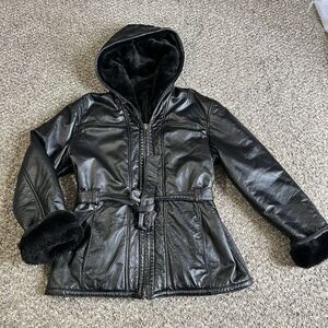 Wilsons Leather Hooded Zip Faux Fur Lined Jacket Size M Black Belted Penny Lane